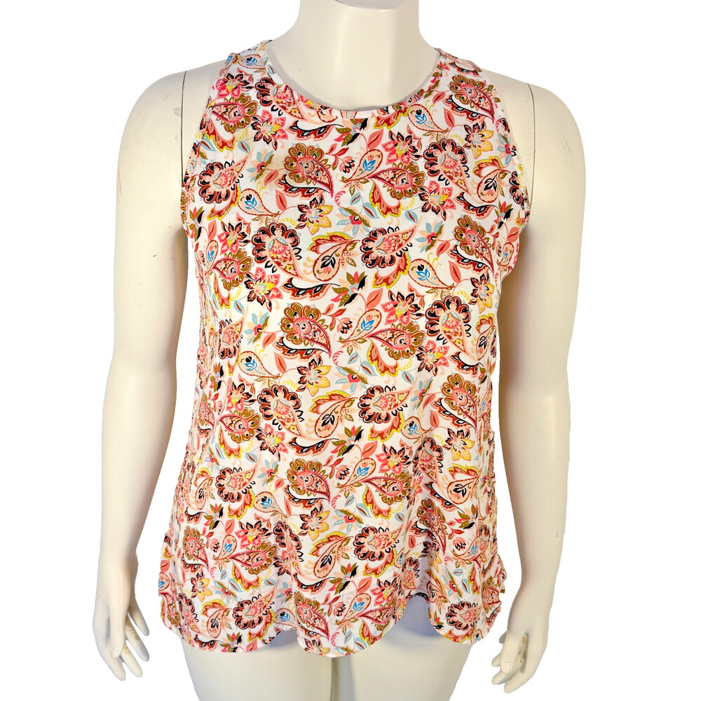 LOFT Tank Blouse Women's M  Pink, White Paisley Cottage Floral Keyhole Back